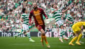 Motherwell's Kevin van Veen celebrates scoring to make it 1-1 at Celtic Park. (Photo by Craig Foy / SNS Group)