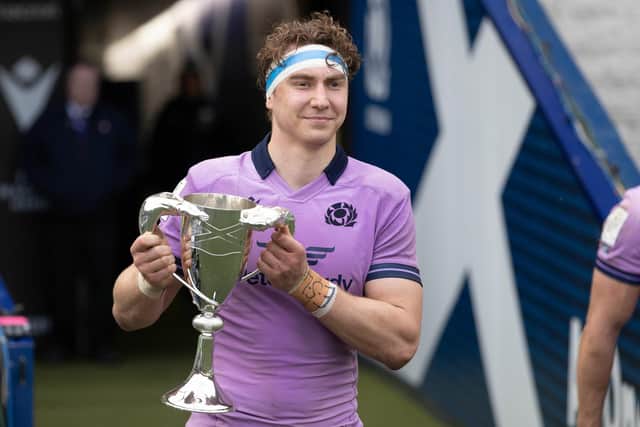 Scotland's Jamie Ritchie with the Cuttitta Cup after the 26-14 win over Italy.
