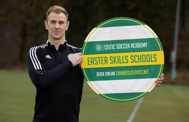 Joe Hart promotes the Celtic Soccer Academy Easter Skills School courses during a Celtic training session at Lennoxtown.