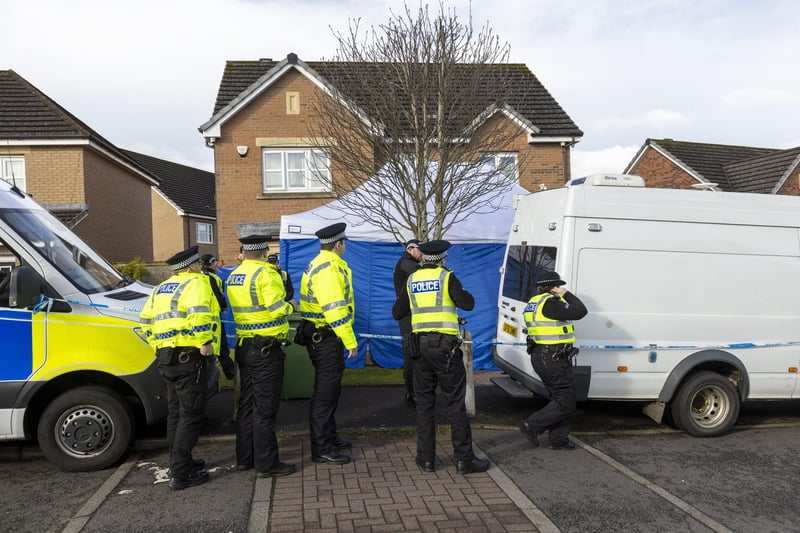 Officers from Police Scotland outside the home of former chief executive of the Scottish National Party (SNP) Peter Murrell, in Uddingston, Glasgow, after he was "released without charge pending further investigation", after he was arrested on Wednesday as part of a probe into the party's finances.