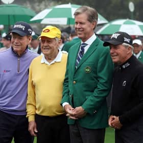 Augusta National Chairman Fred Ridley is flanked by Honorary Starters Tom Watson, Jack Nicklaus and Gary Player at Augusta National Golf Club on the opening day of the 86th Masters. Picture: Gregory Shamus/Getty Images.