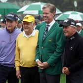 Augusta National Chairman Fred Ridley is flanked by Honorary Starters Tom Watson, Jack Nicklaus and Gary Player at Augusta National Golf Club on the opening day of the 86th Masters. Picture: Gregory Shamus/Getty Images.