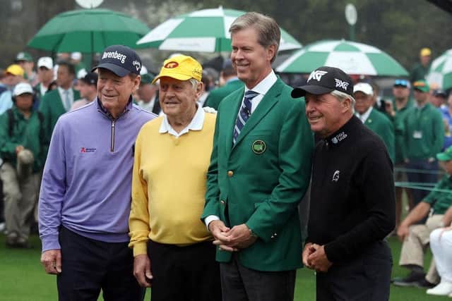 Augusta National Chairman Fred Ridley is flanked by Honorary Starters Tom Watson, Jack Nicklaus and Gary Player at Augusta National Golf Club on the opening day of the 86th Masters. Picture: Gregory Shamus/Getty Images.