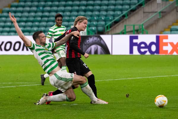 Jens Petter Hauge makes it 3-1 to AC Milan at Celtic Park. Picture: SNS