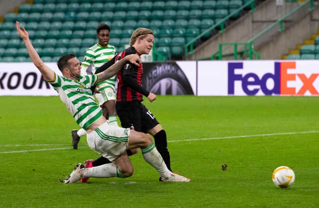 Jens Petter Hauge makes it 3-1 to AC Milan at Celtic Park. Picture: SNS