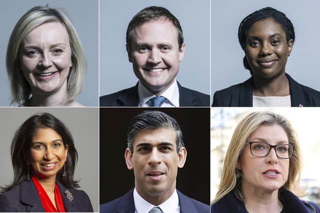 The six candidates in the Conservative Party leadership race, top from left, Liz Truss, Tom Tugendhat, bottom from left, Kemi Badenoch, Suella Braverman, Rishi Sunak and Penny Mordaunt.