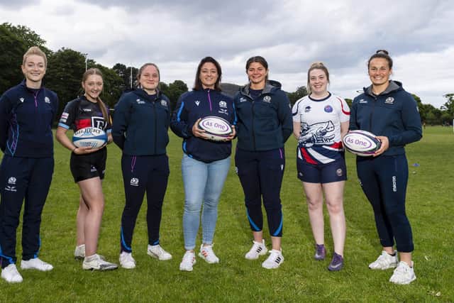Referee Hollie Davidson, Scotland player Evie Gallagher, Head of Women and Girl’s Strategy Gemma Fay, Scotland player Lisa Thomson and Scotland captain Rachel Malcolm are pictured with players from Lismore during the launch of the Women and Girls Strategy 2022-2026. (Photo by Mark Scates / SNS Group)