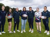 Referee Hollie Davidson, Scotland player Evie Gallagher, Head of Women and Girl’s Strategy Gemma Fay, Scotland player Lisa Thomson and Scotland captain Rachel Malcolm are pictured with players from Lismore during the launch of the Women and Girls Strategy 2022-2026.  (Photo by Mark Scates / SNS Group)