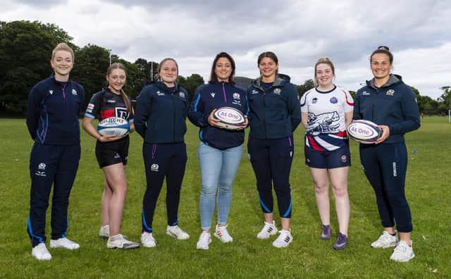 Referee Hollie Davidson, Scotland player Evie Gallagher, Head of Women and Girl’s Strategy Gemma Fay, Scotland player Lisa Thomson and Scotland captain Rachel Malcolm are pictured with players from Lismore during the launch of the Women and Girls Strategy 2022-2026.  (Photo by Mark Scates / SNS Group)
