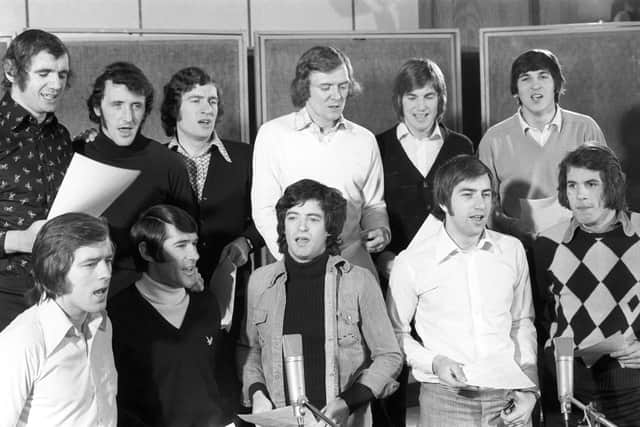 Willie Morgan hogs the mic as the Scotland squad record "Easy, Easy", their 1974 World Cup song.