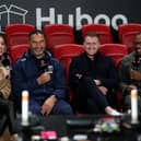TNT presenter Orla Chennaoui speaks with Pat Lam, director of rugby of Bristol Bears, alongside pundits Stuart Hogg and Ugo Monye. (Photo by Ryan Hiscott/Getty Images)