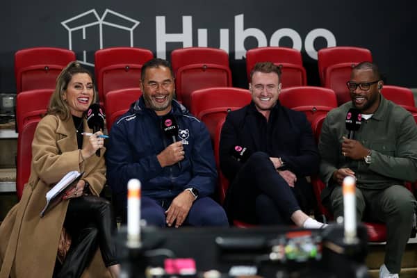 TNT presenter Orla Chennaoui speaks with Pat Lam, director of rugby of Bristol Bears, alongside pundits Stuart Hogg and Ugo Monye. (Photo by Ryan Hiscott/Getty Images)