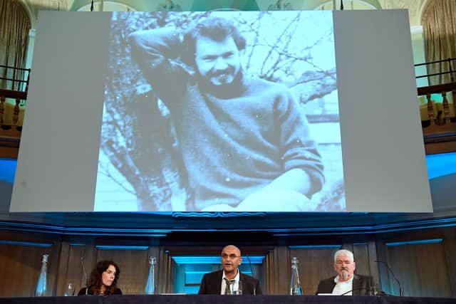 Alastair Morgan (right), the brother of murdered private investigator Daniel Morgan, with his partner Kirsteen Knight and family solicitor Raju Bhatt (centre) speaking to the media following the publication of the Daniel Morgan Independent Panel report. Picture: PA