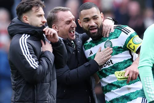 Celtic manager Brendan Rodgers celebrates with Cameron Carter-Vickers after the win over Aberdeen.
