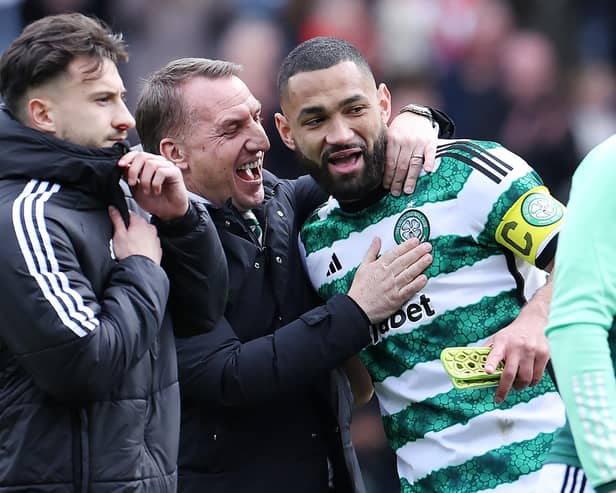 Celtic manager Brendan Rodgers celebrates with Cameron Carter-Vickers after the win over Aberdeen.