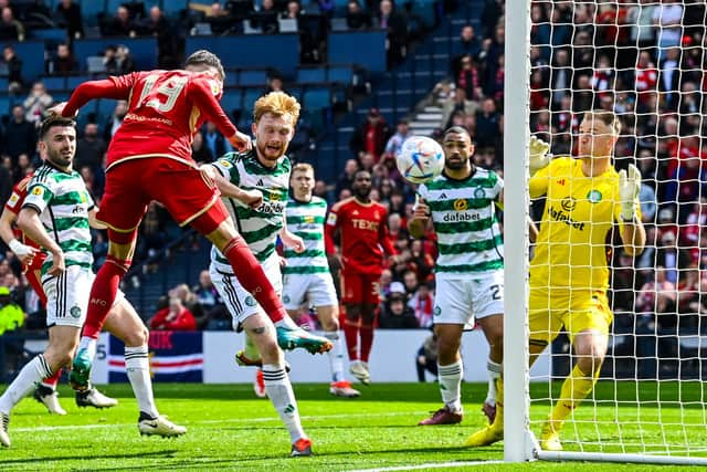 GLASGOW, SCOTLAND - APRIL 20: Aberdeen's Ester Sokler scores to make it 2-2 during a Scottish Gas Scottish Cup semi-final match between Aberdeen and Celtic at Hampden Park, on April 20, 2024, in Glasgow, Scotland.  (Photo by Rob Casey / SNS Group)