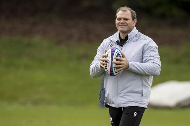 Scotland scrum coach Pieter de Villiers during a training session at Oriam on Tuesday ahead of the England game.  (Photo by Craig Williamson / SNS Group)