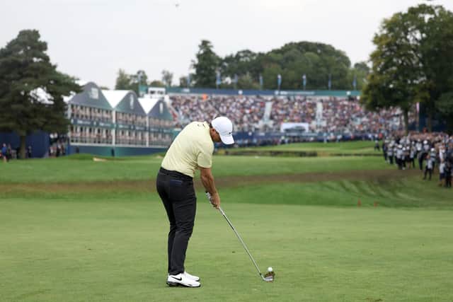 Rory McIlroy lays his second shot on the 18th hole during the second play-off hole in the BMW PGA Championship at Wentworth Club. Picture: Richard Heathcote/Getty Images.