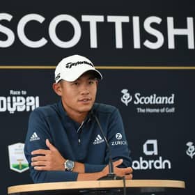 Collin Morikawa speaks at a press conference prior to his debut in last year's abrdn Scottish Open at The Renaissance Club in East Lothian. Picture: Mark Runnacles/Getty Images.