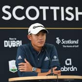 Collin Morikawa speaks at a press conference prior to his debut in last year's abrdn Scottish Open at The Renaissance Club in East Lothian. Picture: Mark Runnacles/Getty Images.