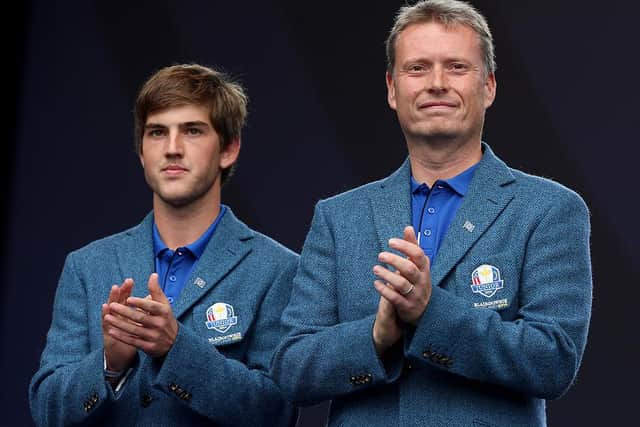 Stuart Wilson, the European Junior Ryder Cup captain, with fellow Scot and team member Bradley Neil at the opening ceremony ahead for the 2014 Ryder Cup at Gleneagles. Picture: Andrew Redington/Getty Images.