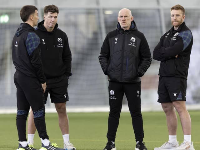 Scotland defence coach Steve Tandy, second from right, with Cameron Redpath, Huw Jones and Kyle Steyn during a training session at Oriam in Edinburgh. (Photo by Ross MacDonald / SNS Group)