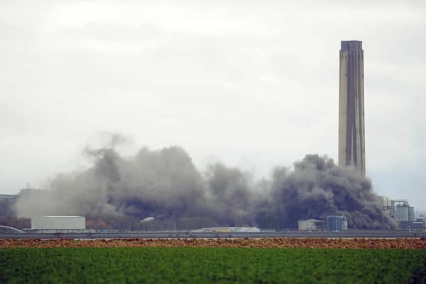 The demolition of Longannet Power Station in Kincardine continued this morning with the last remaining main structure taken down. Picture: Michael Gillen.