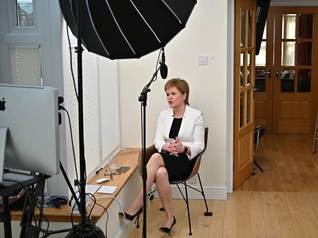 irst Minister Nicola Sturgeon appears on the Andrew Marr Show from home yesterday (Picture: Jeff J Mitchell/Getty Images)