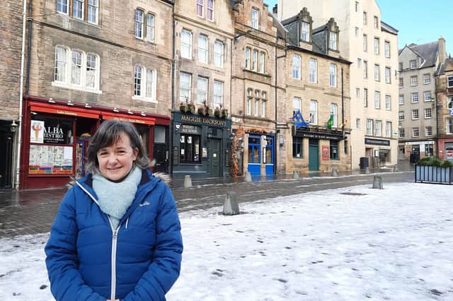 Flora Johnston, author of What You Call Free, at the Grassmarket which features in the novel