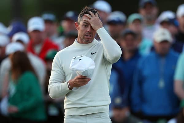 Rory McIlroy  reacts on the 18th green during the second round of the 2024 Masters Tournament at Augusta National Golf Club. Picture: Andrew Redington/Getty Images.