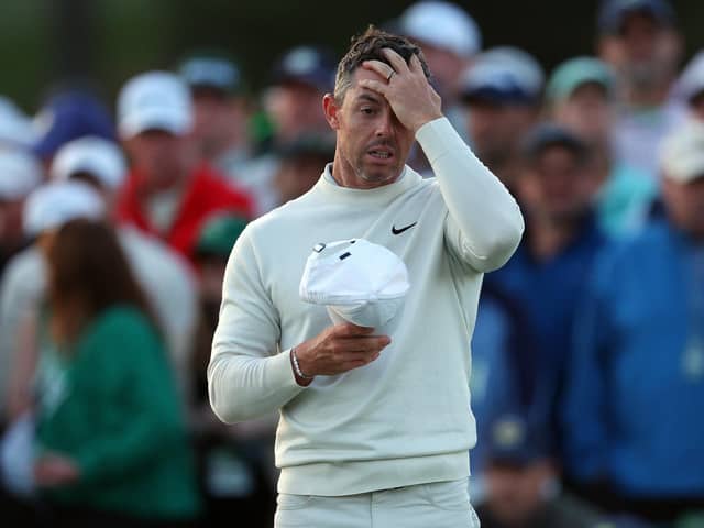 Rory McIlroy  reacts on the 18th green during the second round of the 2024 Masters Tournament at Augusta National Golf Club. Picture: Andrew Redington/Getty Images.