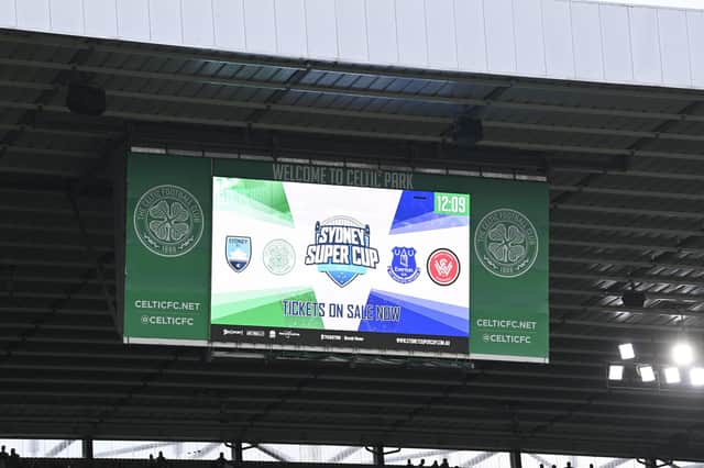 The Sydney Super Cup is advertised on the big screens at Celtic Park. (Photo by Rob Casey / SNS Group)