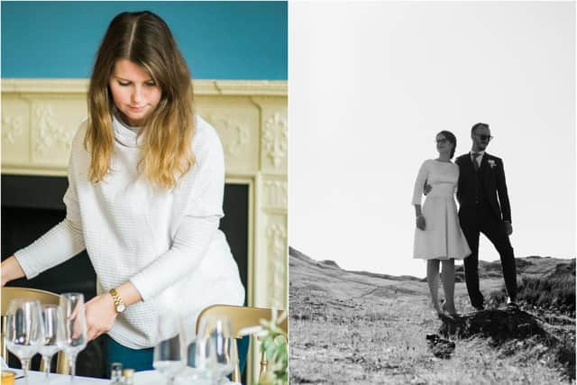 Mercedes Somerville, director of Scarlett and Bell and a couple who eloped in Edinburgh in summer 2019.  Pictures by McGlynn Sisters Photography and Harper Scott Photo