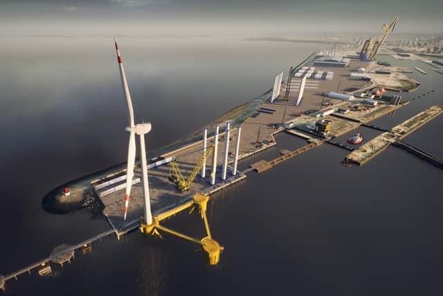 CGI image showing proposed outer berth at the Port of Leith with floating foundation and offshore wind turbine. The £40m private investment will see the creation of a bespoke, riverside marine berth capable of accommodating the world’s largest offshore wind installation vessels.