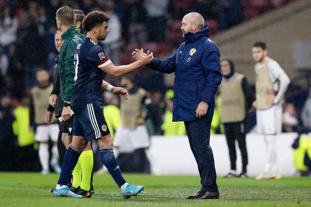 Scotland manager Steve Clarke spoke with Che Adams after he was substituted.