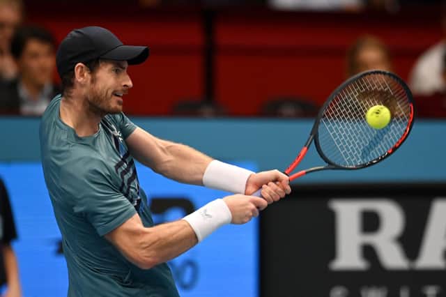 Andy Murray of Great Britain plays a backhand against Carlos Alcaraz of Spain during day five of the Erste Bank Open. He will play in Sweden next. (Photo by Thomas Kronsteiner/Getty Images)