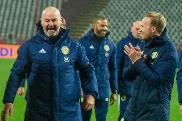 Scotland manager Steve Clarke celebrates at full time following the UEFA Euro 2020 qualifier between Serbia and Scotland at the Stadion Rajko Mitic on November 12, 2020, in Belgrade, Serbia. (Photo by Nikola Krstic / SNS Group)