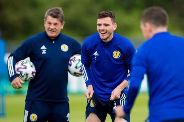 Scotland captain Andy Robertson was in upbeat mood during the squad's final training session in Darlington on Thursday ahead of the crucial Group D clash with England at Wembley. (Photo by Ross Parker / SNS Group)