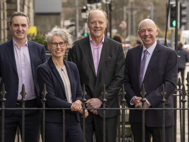(L-R) Fraser Gillies, managing partner, Wright, Johnston & Mackenzie; Laura Irvine, managing partner, Davidson Chalmers Stewart; Andrew Chalmers, chair, Davidson Chalmers Stewart; Mark Higgins, chair of WJM. Picture: Jeff Holmes