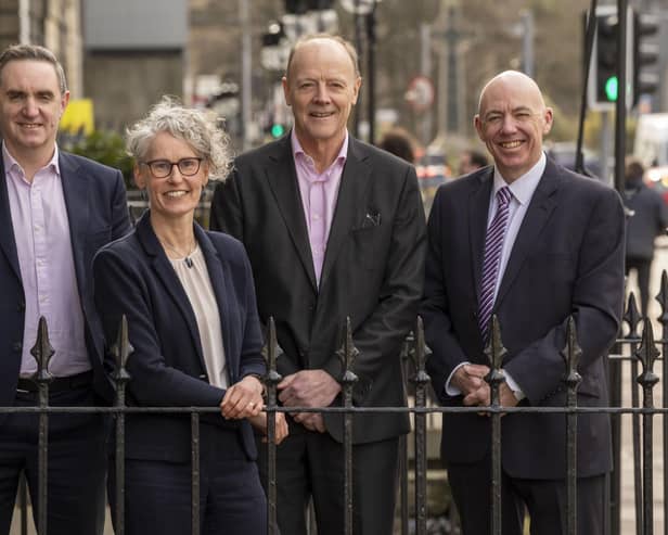 (L-R) Fraser Gillies, managing partner, Wright, Johnston & Mackenzie; Laura Irvine, managing partner, Davidson Chalmers Stewart; Andrew Chalmers, chair, Davidson Chalmers Stewart; Mark Higgins, chair of WJM. Picture: Jeff Holmes