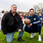 Colin Taylor, far right, with his cousin Alex and Scotland goalkeeper Craig Gordon (middle) during an event in November 2022 to mark the 150th anniversary of the first-ever international match contested by Scotland and England. The Taylors' great grandfather Joseph played for Scotland in the goalless draw at Hamilton Crescent, Glasgow (Photo by Ross Parker / SNS Group)