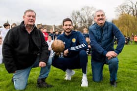 Colin Taylor, far right, with his cousin Alex and Scotland goalkeeper Craig Gordon (middle) during an event in November 2022 to mark the 150th anniversary of the first-ever international match contested by Scotland and England. The Taylors' great grandfather Joseph played for Scotland in the goalless draw at Hamilton Crescent, Glasgow (Photo by Ross Parker / SNS Group)