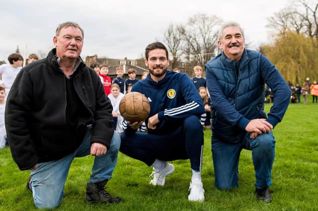 Colin Taylor, far right, with his cousin Alex and Scotland goalkeeper Craig Gordon (middle) during an event in November 2022 to mark the 150th anniversary of the first-ever international match contested by Scotland and England. The Taylors' great grandfather Joseph played for Scotland in the goalless draw at Hamilton Crescent, Glasgow (Photo by Ross Parker / SNS Group)