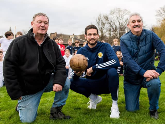 Colin Taylor, far right, with his cousin Alex and Scotland goalkeeper Craig Gordon (middle) during an event in November 2022 to mark the 150th anniversary of the first-ever international match contested by Scotland and England. The Taylors' great grandfather Joseph played for Scotland in the goalless draw at Hamilton Crescent, Glasgow (Photo by Ross Parker / SNS Group)