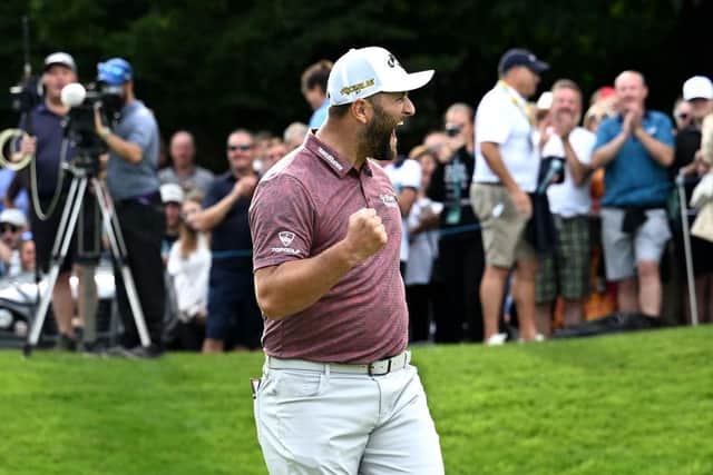 John Rahm celebrates after finishing with an eagle in the third round of the BMW PGA Championship at Wentworth. Picture: Octavio Passos/Getty Images.