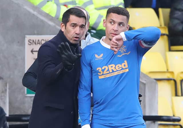 Rangers manager Giovanni van Bronckhorst issues instructions to captain James Tavernier during the Premiership victory at Livingston on Sunday. (Photo by Ian MacNicol/Getty Images)