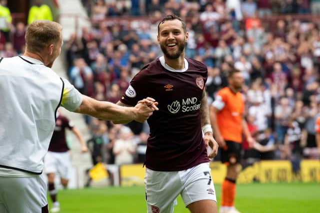Jorge Grant scored his first goal for Hearts against Dundee United.
