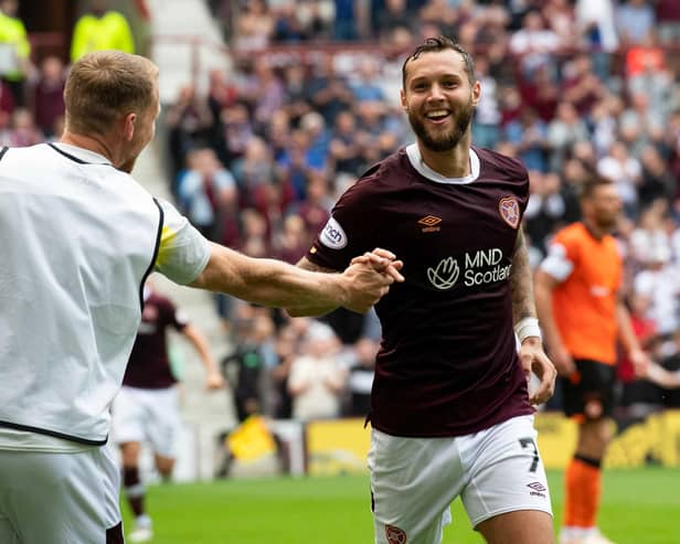 Jorge Grant scored his first goal for Hearts against Dundee United.