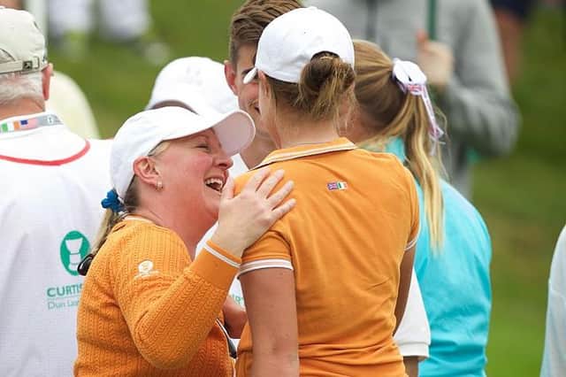 Great Britain & Ireland captain Elaine Farquharson-Black celebrates with Meghan MacLaren after she and Maria Dunne won their match on the second day of the 2016 Curtis Cup at Dun Laoghaire Golf Club in Enniskerry. Picture: Patrick Bolger/Getty Images.