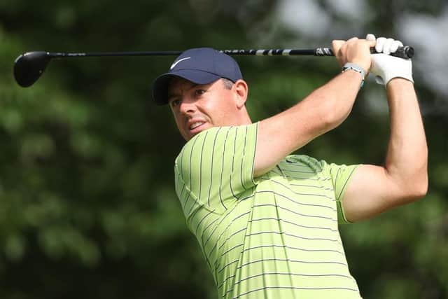 Rory McIlroy plays his shot from the 17th tee during the first round of the 2022 PGA Championship at Southern Hills Country Club in Tulsa, Oklahoma. Picture: Ezra Shaw/Getty Images.